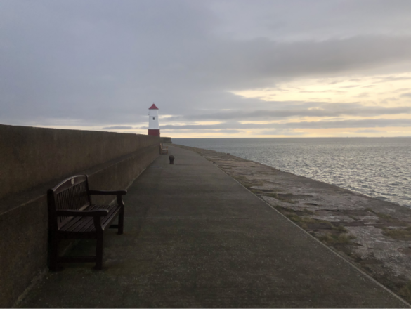 A pathway along the seaside leads to a lighthouse
