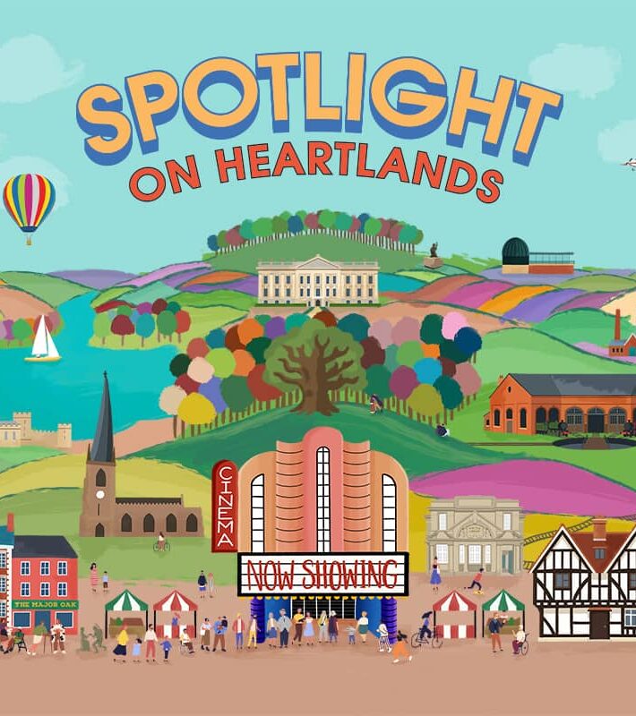 An colourful, illustrated representation of the Heartlands - including a cinema in the foreground with people queueing.